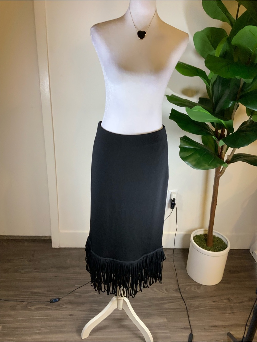 White House Black Market Black Midi Skirt with Fringe Hem